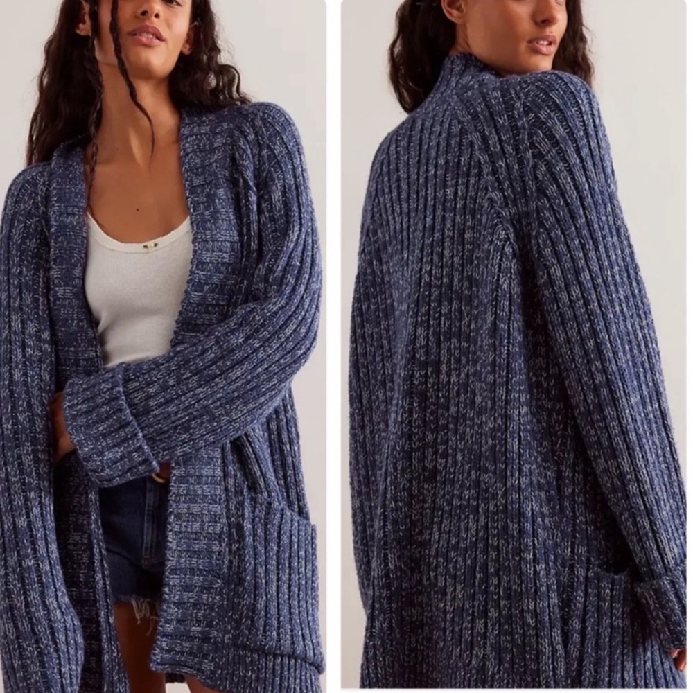 Free People Blue Marled Ribbed Open-Front Cardigan